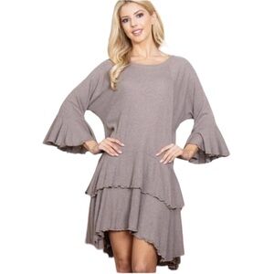 NWT EASEL Mocha Bell Sleeve Layered Ruffle Flowy Mini Dress